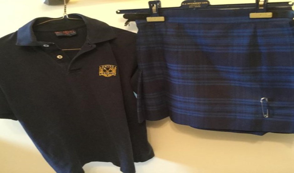Dwyer Uniform -blue golf shirt and blue plaid kilt